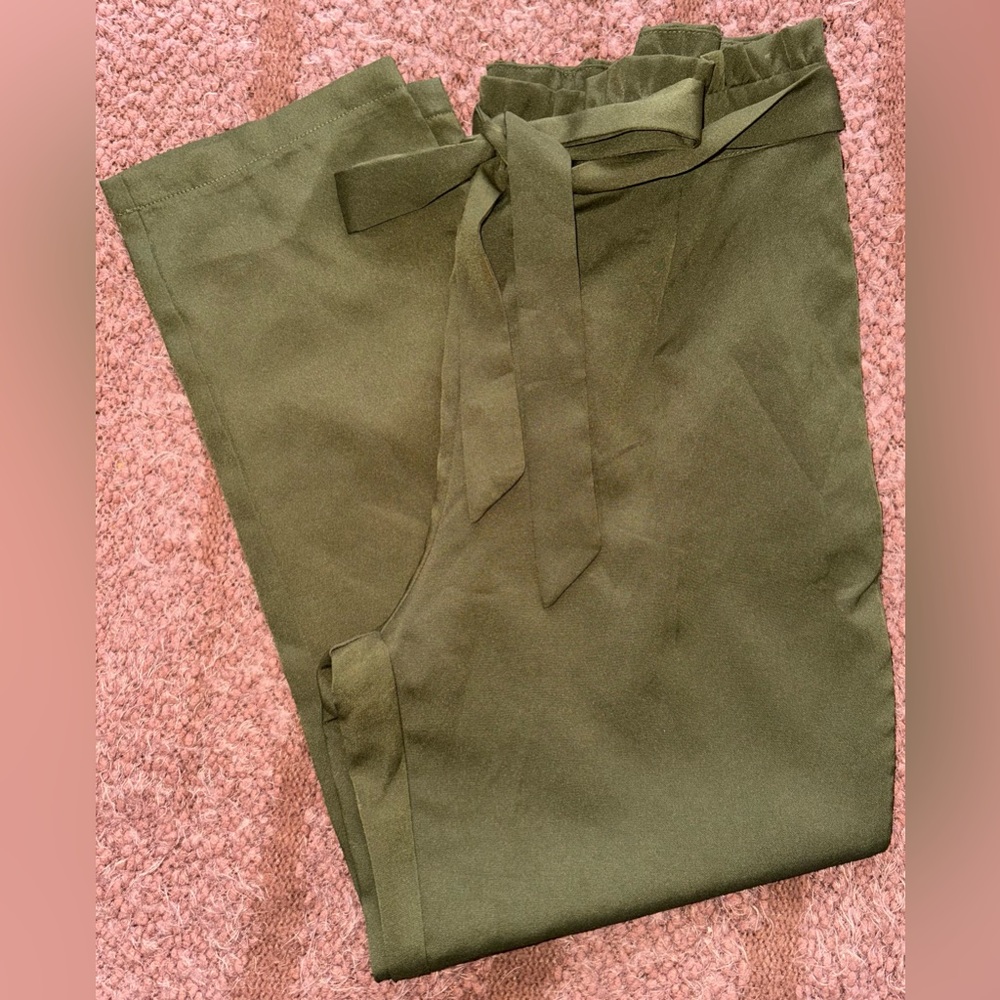 Olive green paper bag waist pants with the